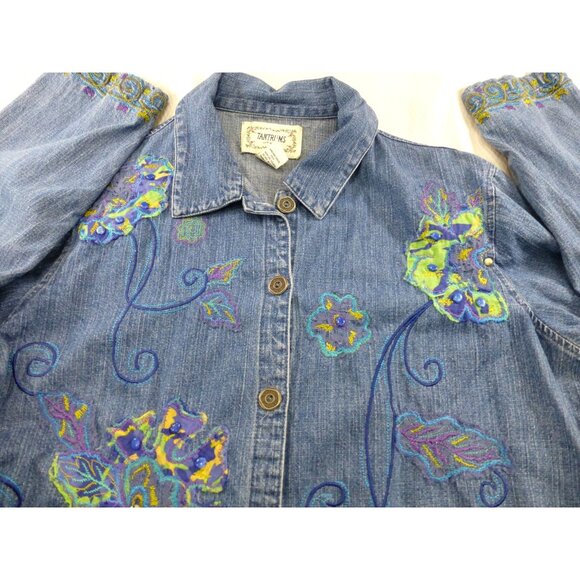 VTG Tantrums Womens Embroidered Denim Jacket XL Button-Up Floral Design - Picture 2 of 13